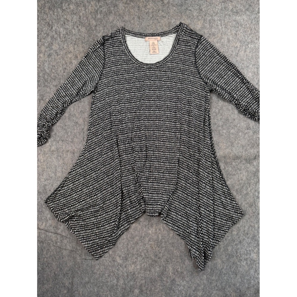 Philosophy Republic Womens XL Tunic Top Black White Sharkbite Hem Ruched